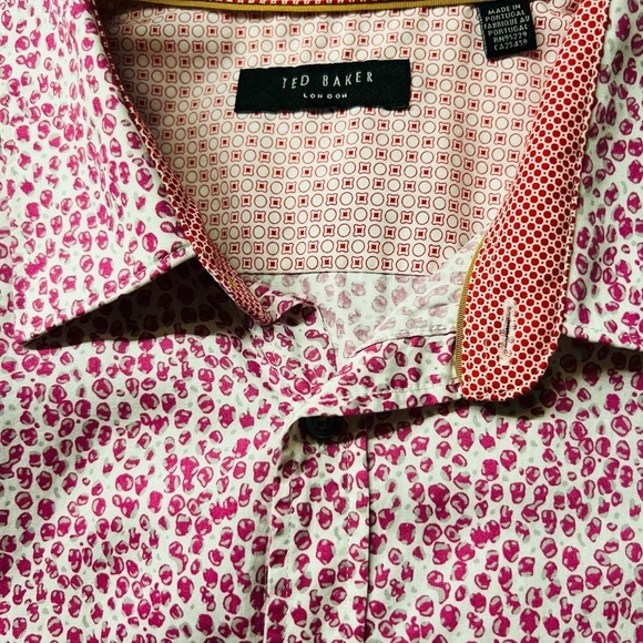TED BAKER MEN’S SHORT SLEEVE BUTTON DOWN SHIRT ABSTRACT PATTERN PINK & WHITE - Picture 5 of 9